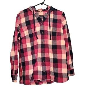 Duluth Pink & Black Plaid Button Up Flannel with Hood Size Medium